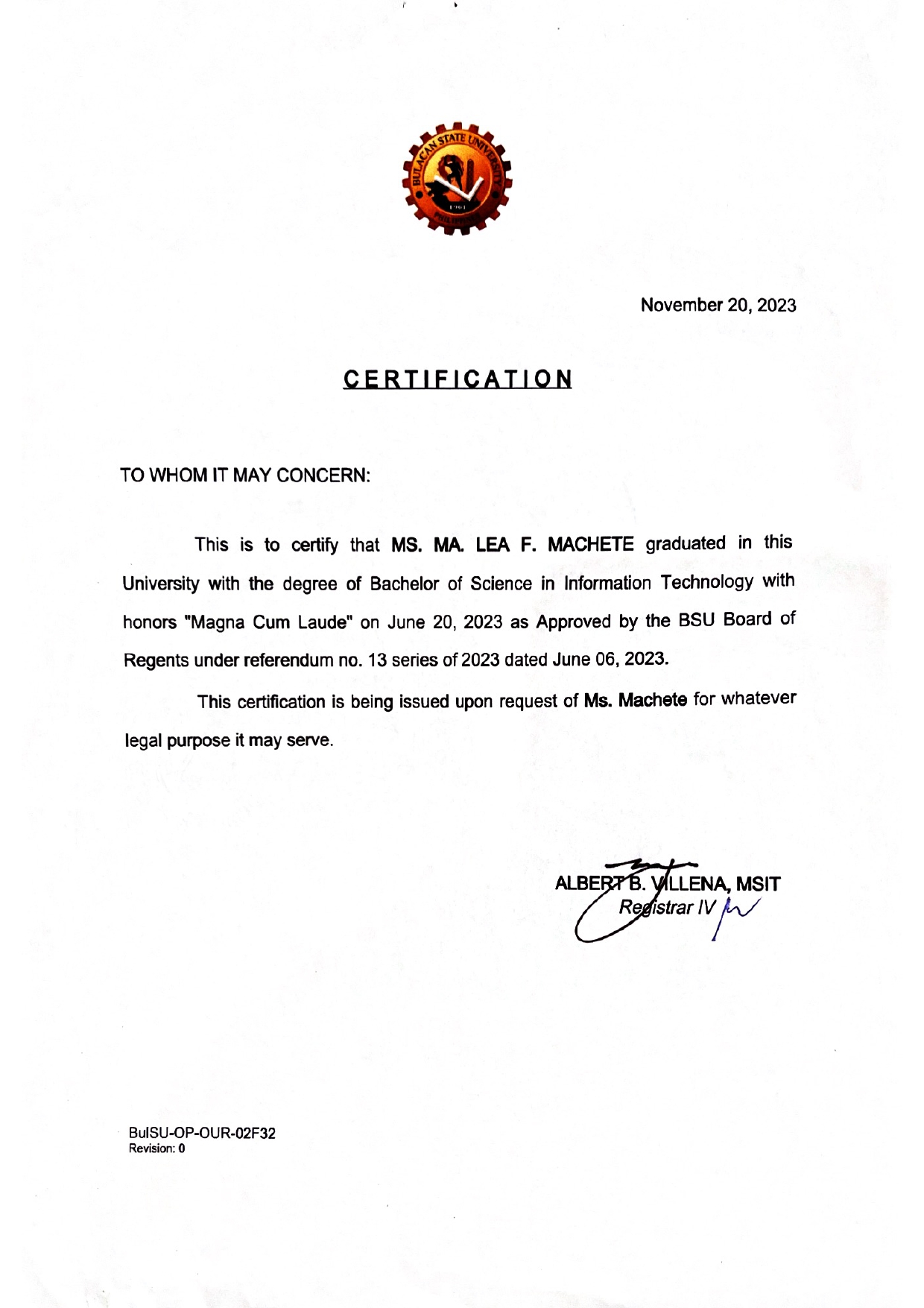 BS IT Diploma - Magna Cum Laude